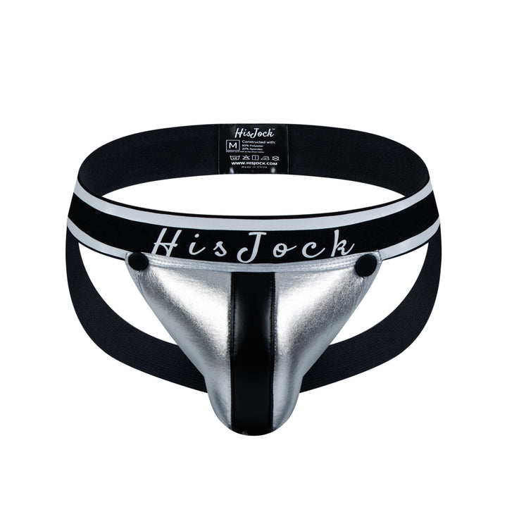 HisJock Armor Jock in silver – men's faux leather snap codpiece jockstrap