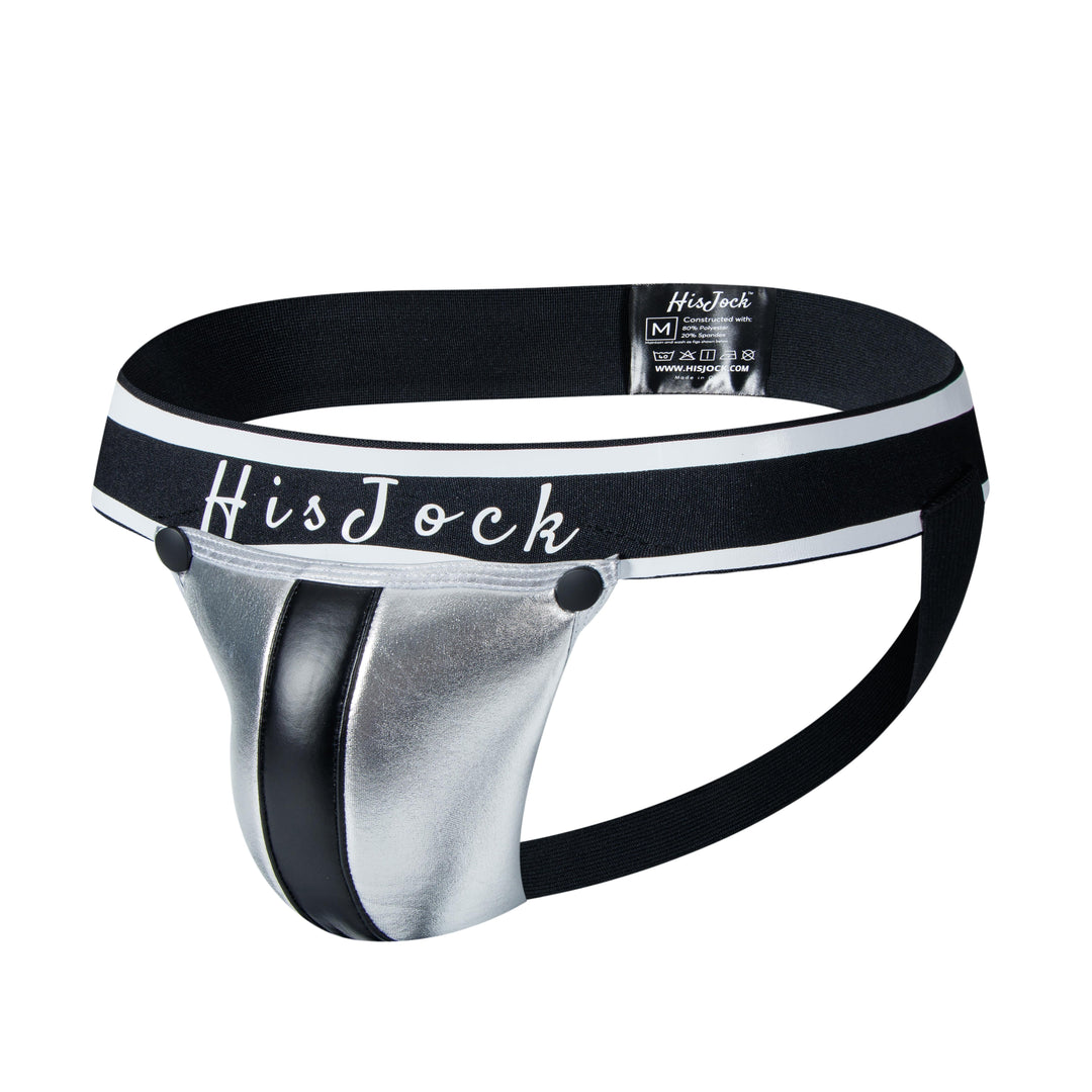 HisJock Armor Jock in silver – men's faux leather snap codpiece jockstrap