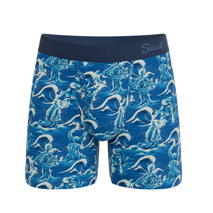 Shinesty The Slippery When Wet naughty wave Ball Hammock underwear with fly – men's wave print fly briefs