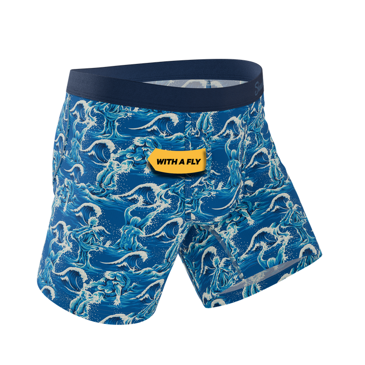 Shinesty The Slippery When Wet naughty wave Ball Hammock underwear with fly – men's wave print fly briefs