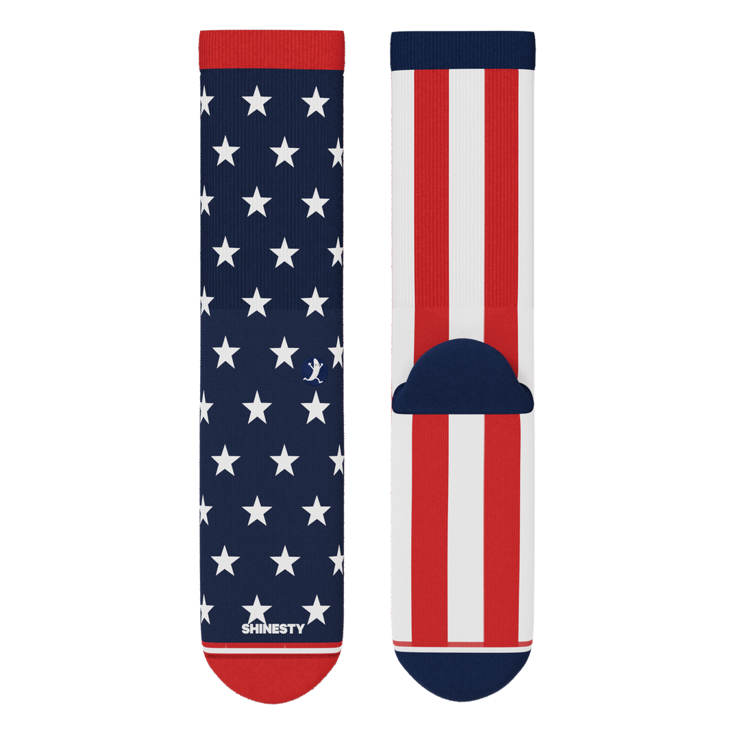 Shinesty The Socky Balboa American flag Heel Hammock crew socks – men's patriotic flag crew socks