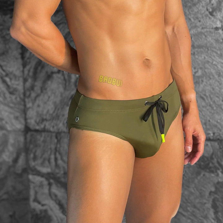 BADBUI Modern Classic Swim Brief in army green – men's sporty quick-dry fitted swim brief