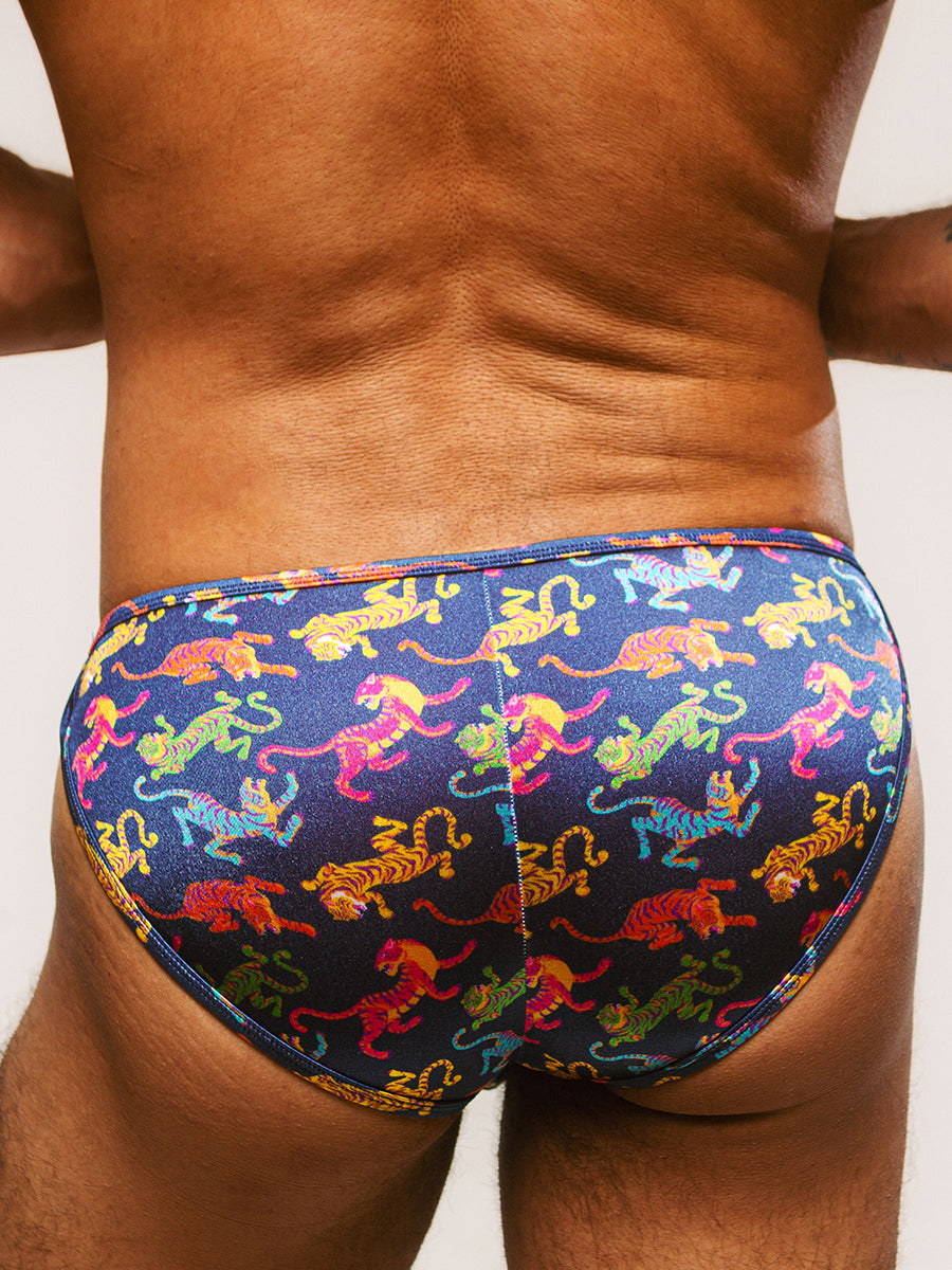 Body Aware Luxe Satin Double Strap Tanga in tiger print – men's satin double strap tanga