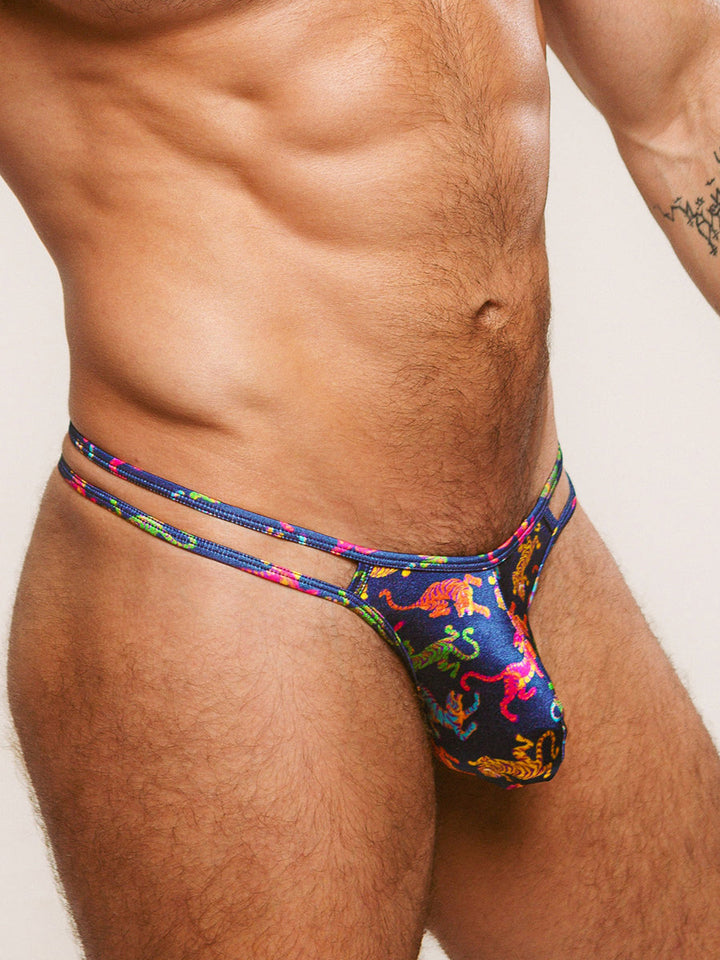 Body Aware Luxe Satin Double Strap Thong in tiger print – men's satin thong double strap