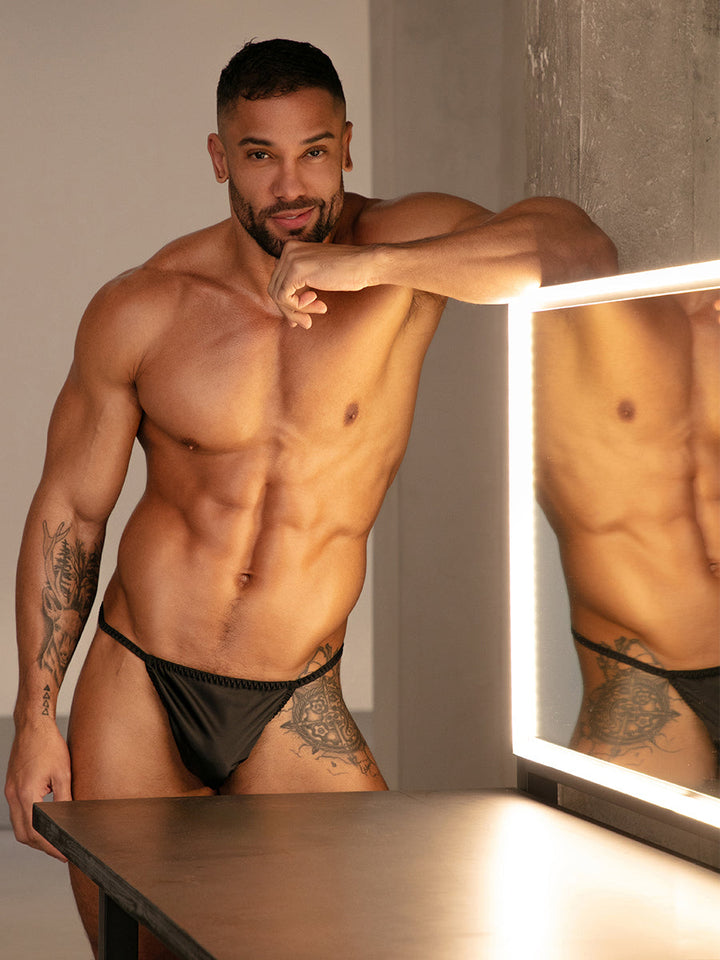 Body Aware Daydream Thong in black – men's shimmering charmeuse underwear thong