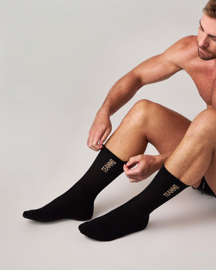 TEAMM8 Crew Socks - Premium Ribbed Cotton Athletic Socks (Black/Tan)