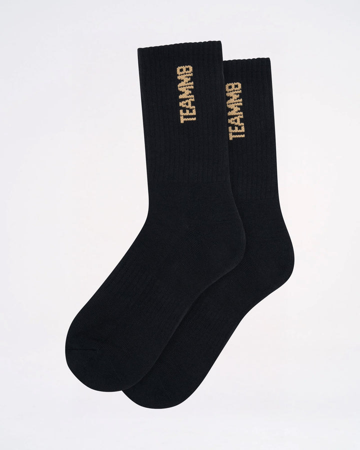 TEAMM8 Crew Socks - Premium Ribbed Cotton Athletic Socks (Black/Tan)