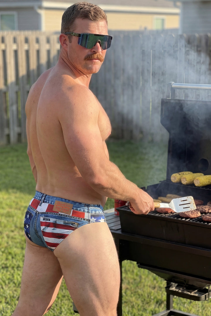 Shinesty The Chattahoochee Daddy USA denim print Ball Hammock swim briefs – men's denim print swim brief