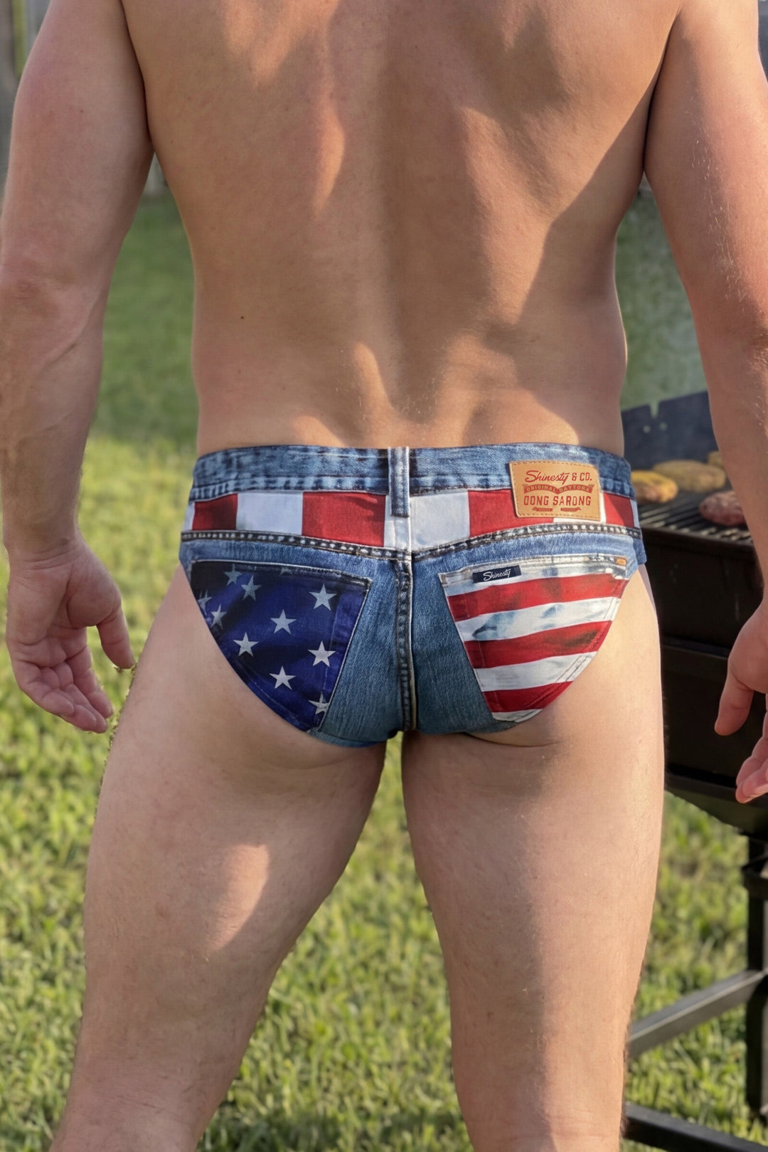 Shinesty The Chattahoochee Daddy USA denim print Ball Hammock swim briefs – men's denim print swim brief