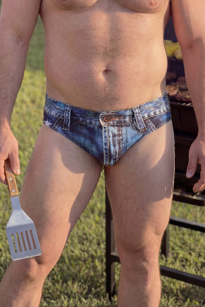 Shinesty The Chattahoochee Daddy USA denim print Ball Hammock swim briefs – men's denim print swim brief