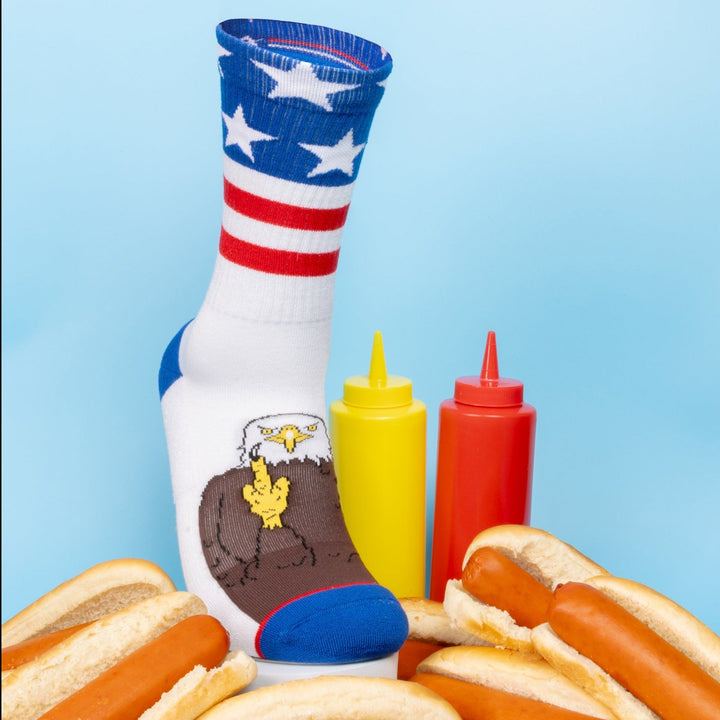 Shinesty The One Finger Salute American flag bald eagle Heel Hammock crew socks – men's patriotic crew socks