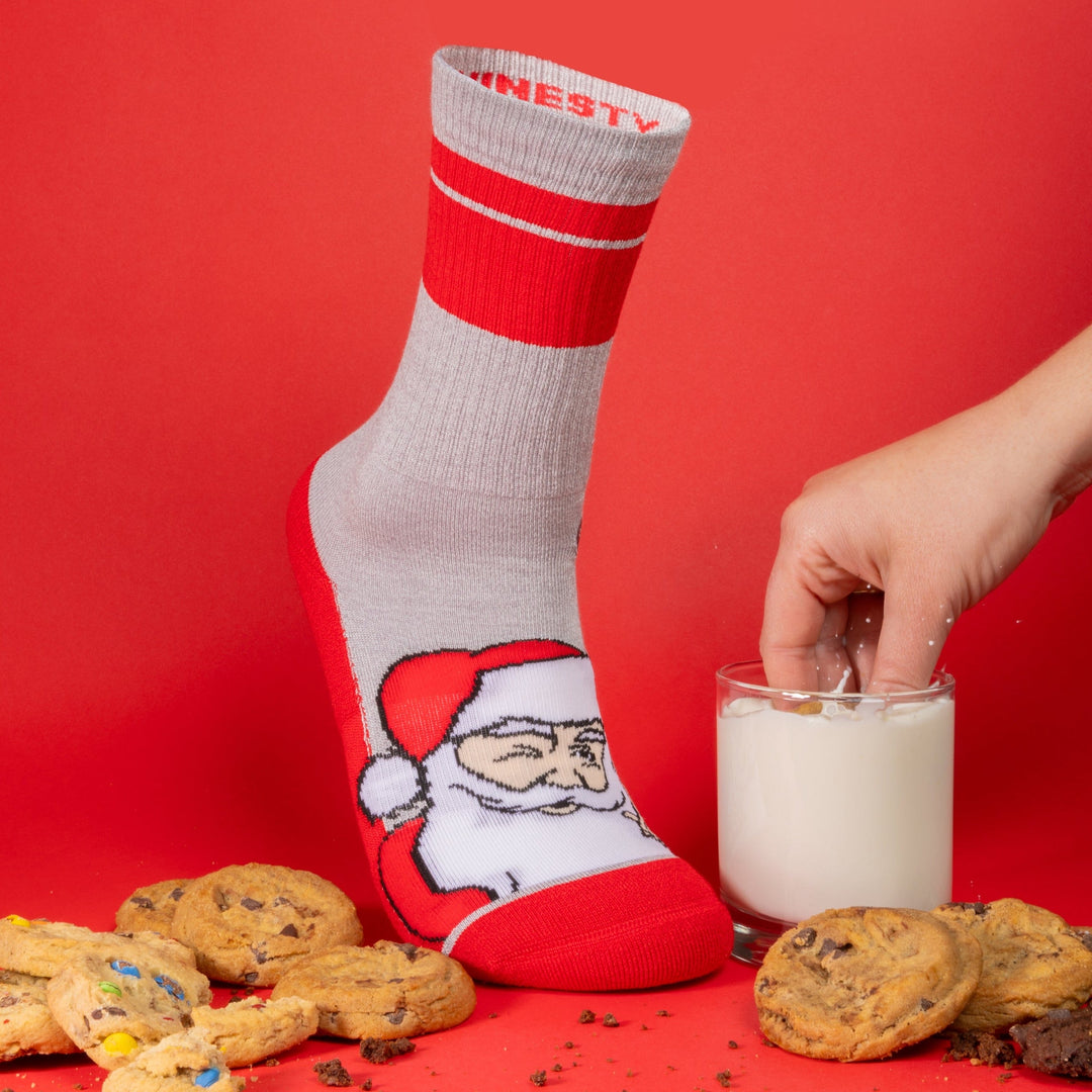 Shinesty The Stocking Santa Claus Heel Hammock crew socks – men's Santa print holiday crew socks