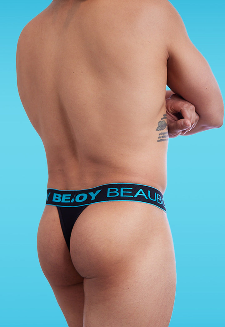 Beauboy Core men's thong in aqua and black – minimal coverage underwear front view