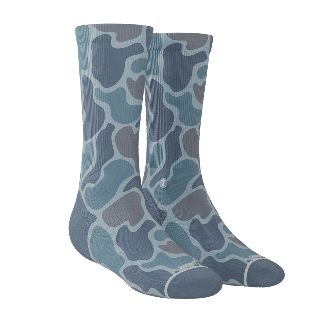 Shinesty Trail Runner Men’s Crew Socks - Grey Camo Cushioned Running Socks with Heel Hammock™ Support