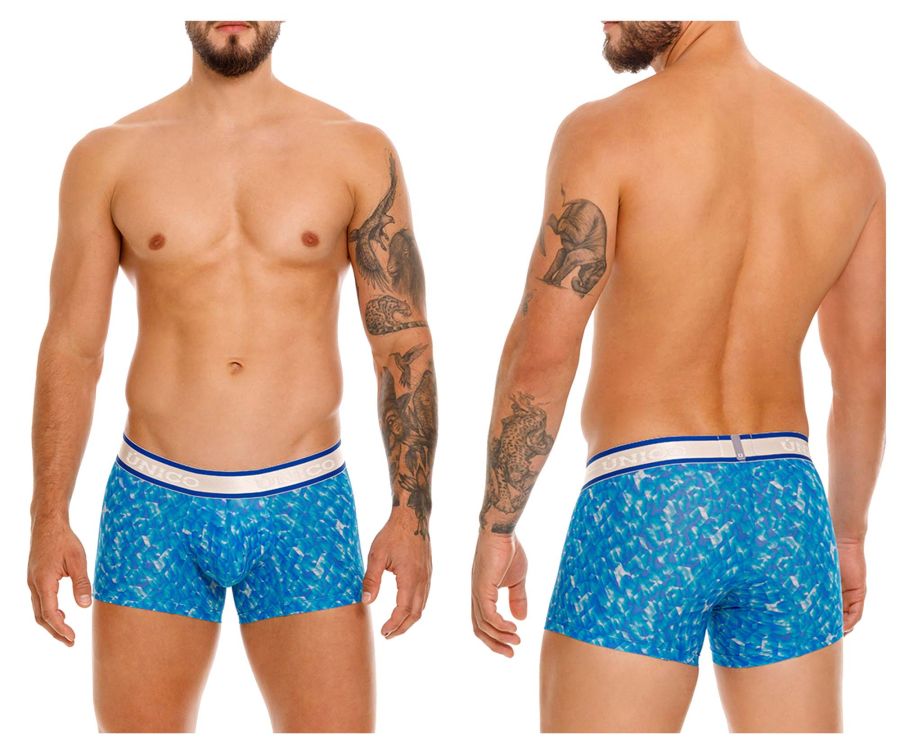 UNICO Palindromo men's trunks in blue – mosaic print stretch underwear with branded waistband