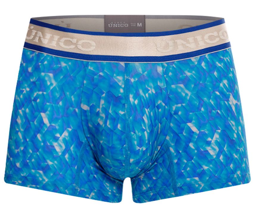 UNICO Palindromo men's trunks in blue – mosaic print stretch underwear with branded waistband