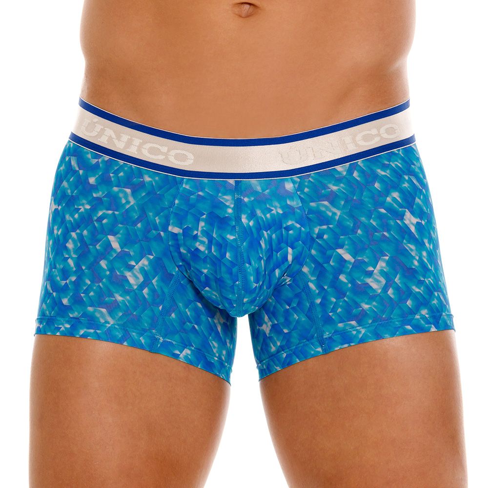 UNICO Palindromo men's trunks in blue – mosaic print stretch underwear with branded waistband