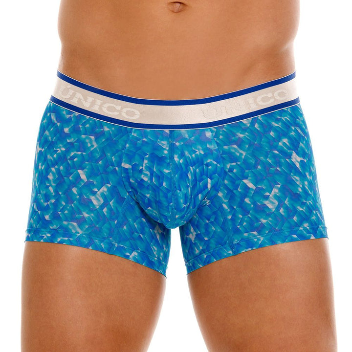 UNICO Palindromo men's trunks in blue – mosaic print stretch underwear with branded waistband