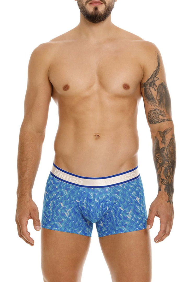 UNICO Palindromo men's trunks in blue – mosaic print stretch underwear with branded waistband