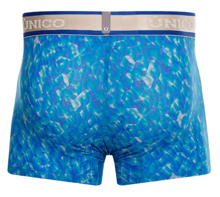 UNICO Palindromo men's trunks in blue – mosaic print stretch underwear with branded waistband
