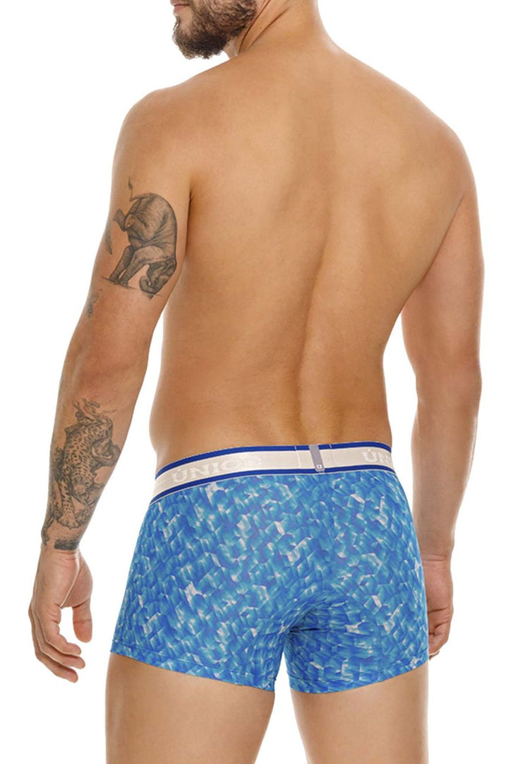 UNICO Palindromo men's trunks in blue – mosaic print stretch underwear with branded waistband