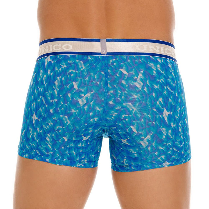 UNICO Palindromo men's trunks in blue – mosaic print stretch underwear with branded waistband
