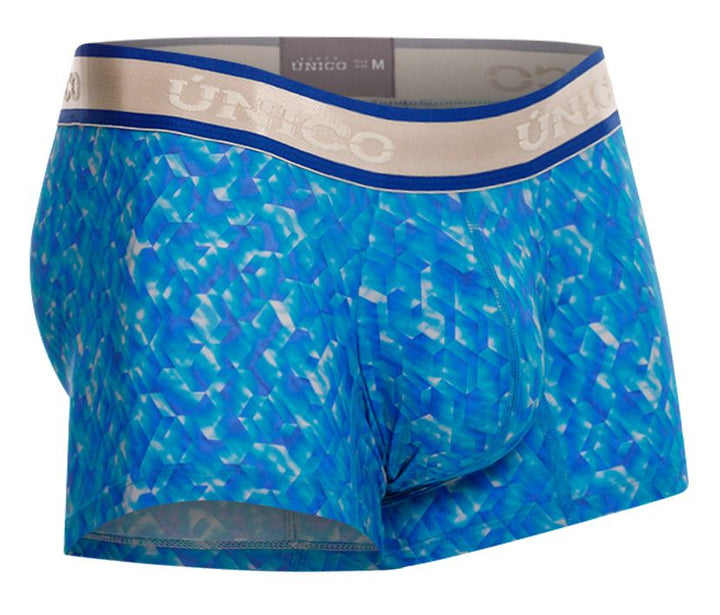 UNICO Palindromo men's trunks in blue – mosaic print stretch underwear with branded waistband