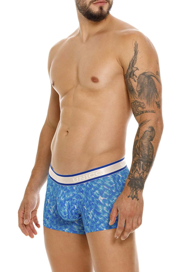 UNICO Palindromo men's trunks in blue – mosaic print stretch underwear with branded waistband