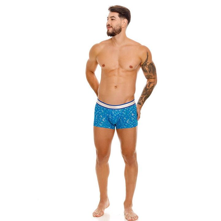 UNICO Palindromo men's trunks in blue – mosaic print stretch underwear with branded waistband
