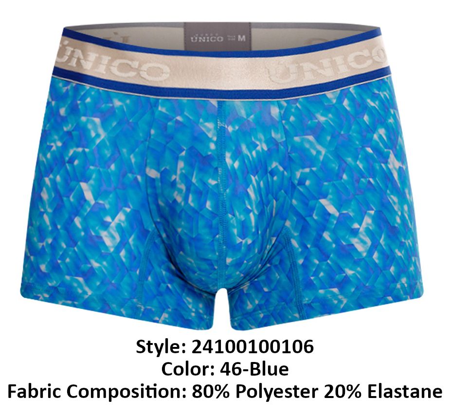 UNICO Palindromo men's trunks in blue – mosaic print stretch underwear with branded waistband