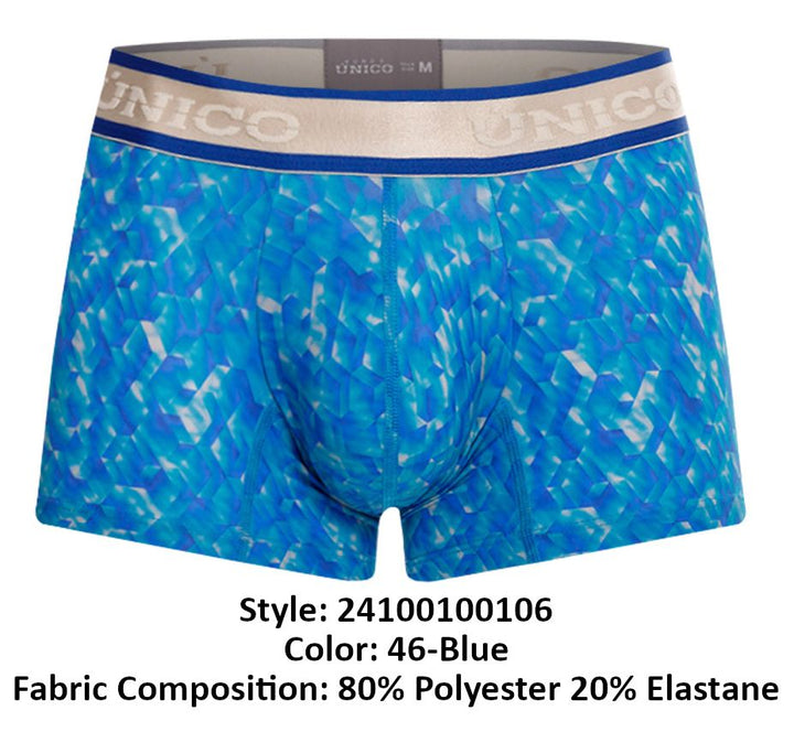 UNICO Palindromo men's trunks in blue – mosaic print stretch underwear with branded waistband
