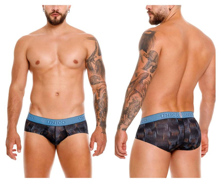 UNICO Epitome men's briefs in black – textured print polyester stretch underwear