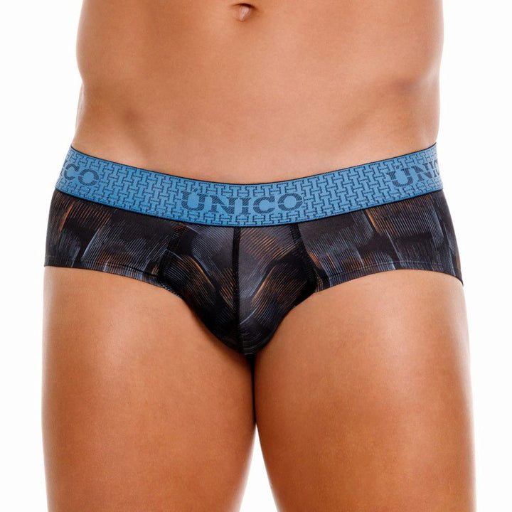 UNICO Epitome men's briefs in black – textured print polyester stretch underwear