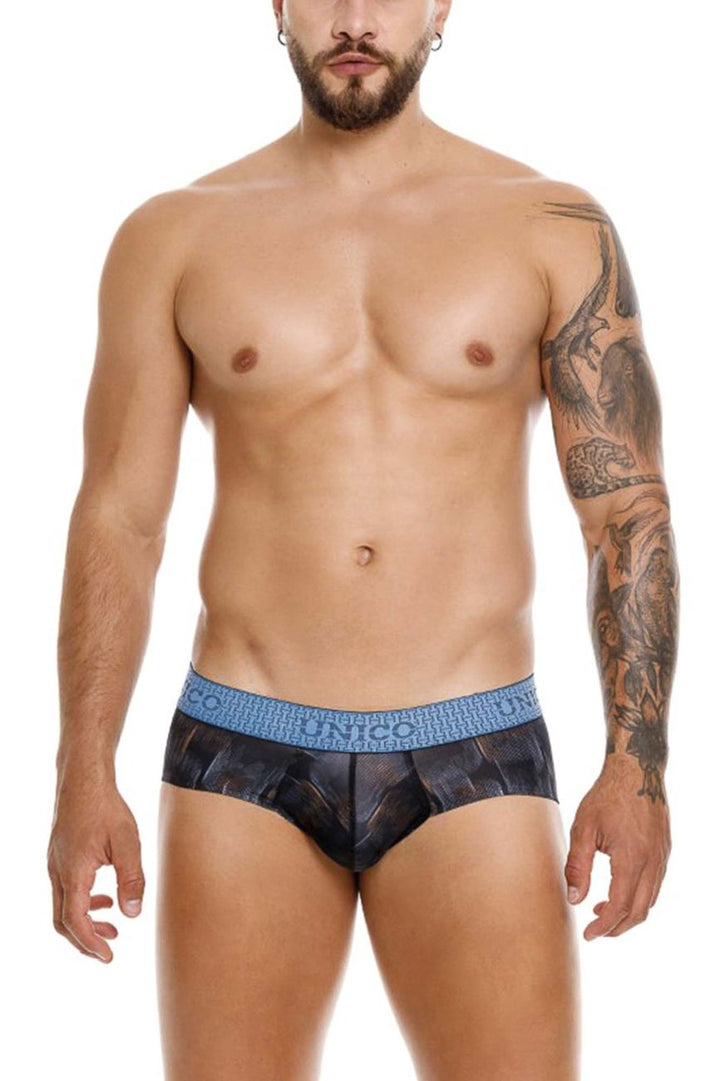 UNICO Epitome men's briefs in black – textured print polyester stretch underwear