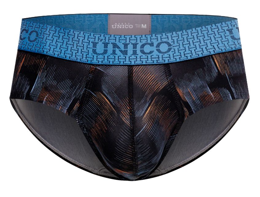 UNICO Epitome men's briefs in black – textured print polyester stretch underwear