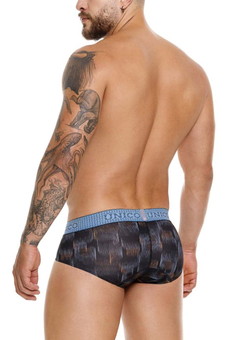 UNICO Epitome men's briefs in black – textured print polyester stretch underwear