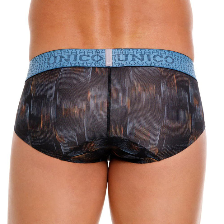 UNICO Epitome men's briefs in black – textured print polyester stretch underwear