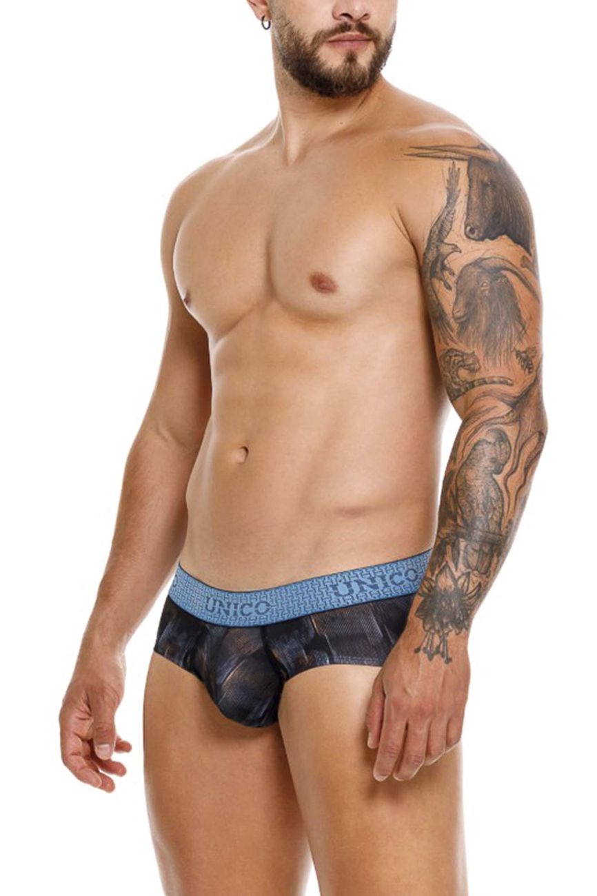 UNICO Epitome men's briefs in black – textured print polyester stretch underwear
