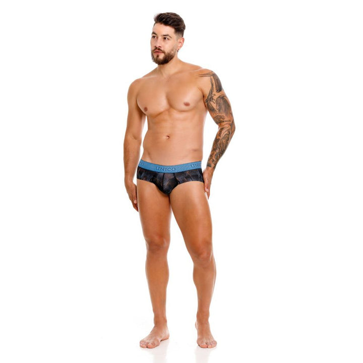 UNICO Epitome men's briefs in black – textured print polyester stretch underwear