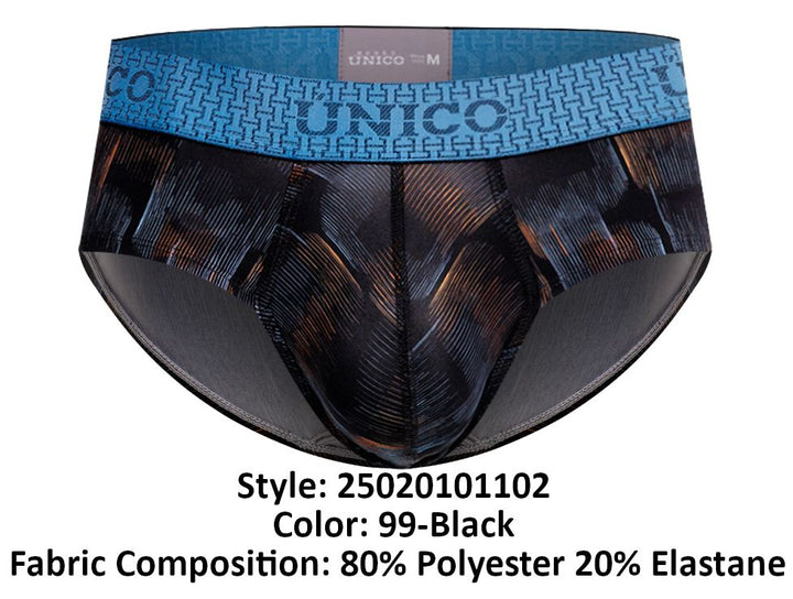 UNICO Epitome men's briefs in black – textured print polyester stretch underwear