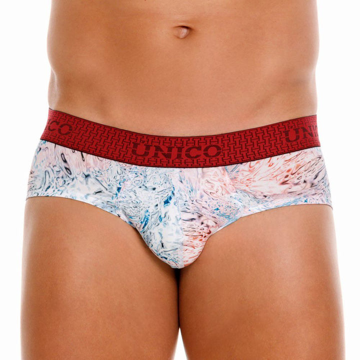 UNICO Rizo men's briefs in white – abstract print stretch underwear with red waistband