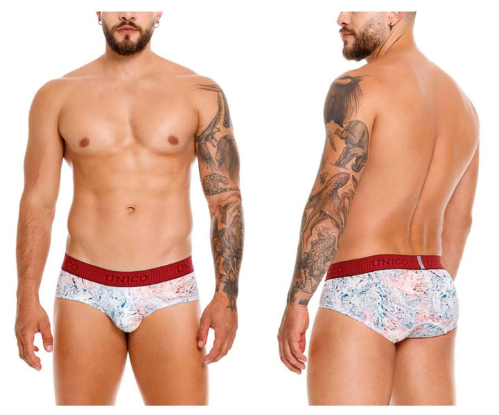 UNICO Rizo men's briefs in white – abstract print stretch underwear with red waistband