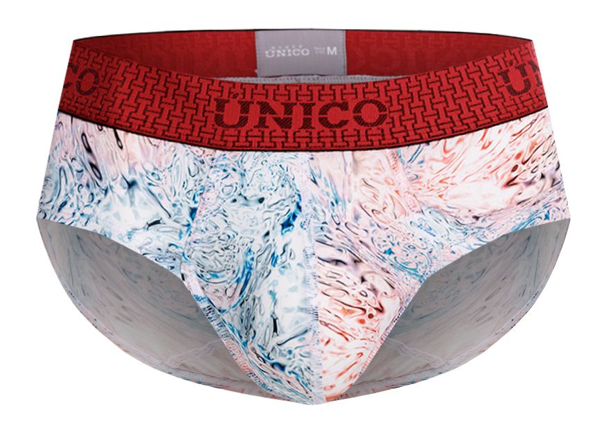 UNICO Rizo men's briefs in white – abstract print stretch underwear with red waistband