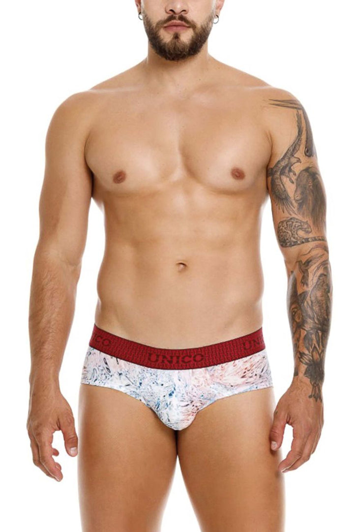 UNICO Rizo men's briefs in white – abstract print stretch underwear with red waistband
