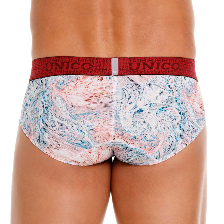 UNICO Rizo men's briefs in white – abstract print stretch underwear with red waistband