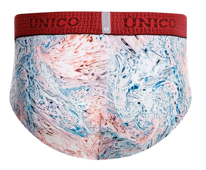 UNICO Rizo men's briefs in white – abstract print stretch underwear with red waistband