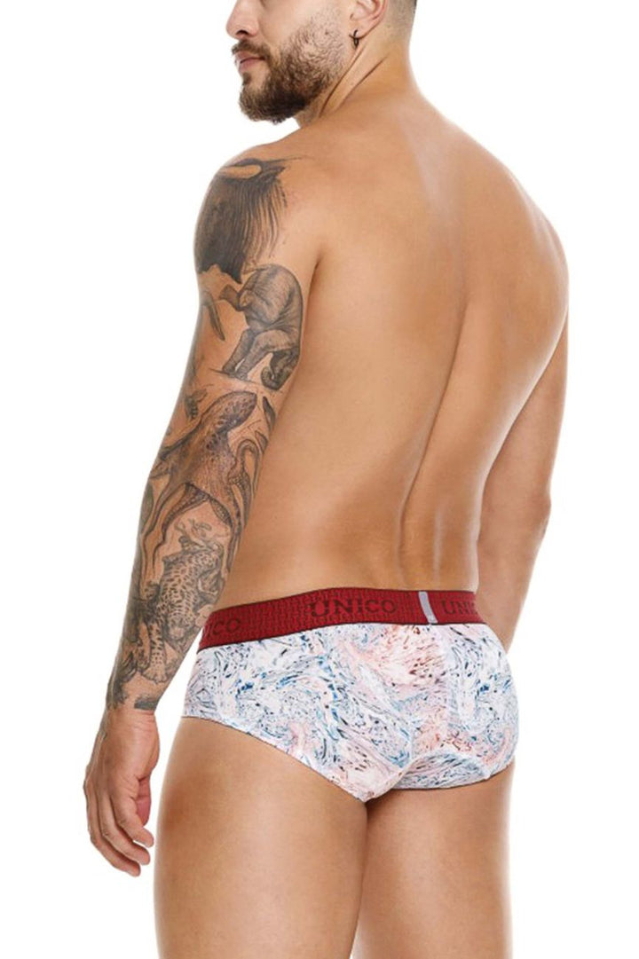 UNICO Rizo men's briefs in white – abstract print stretch underwear with red waistband