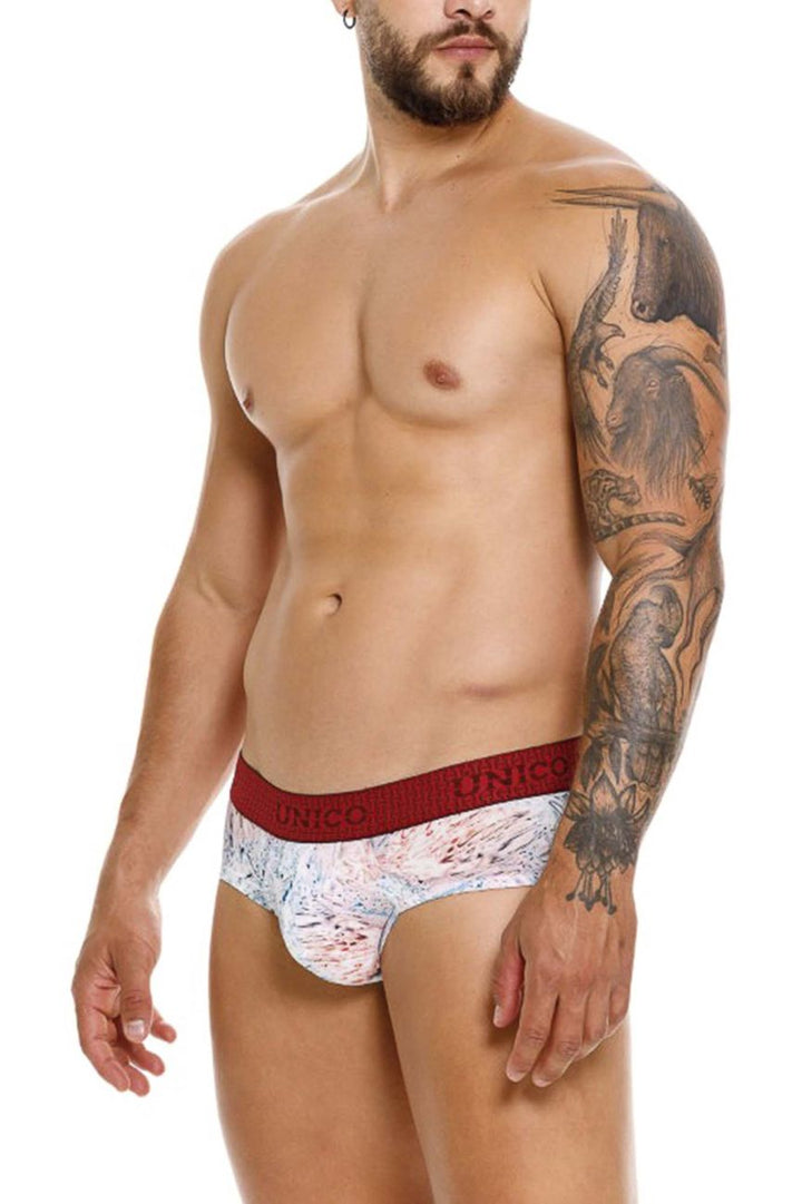 UNICO Rizo men's briefs in white – abstract print stretch underwear with red waistband