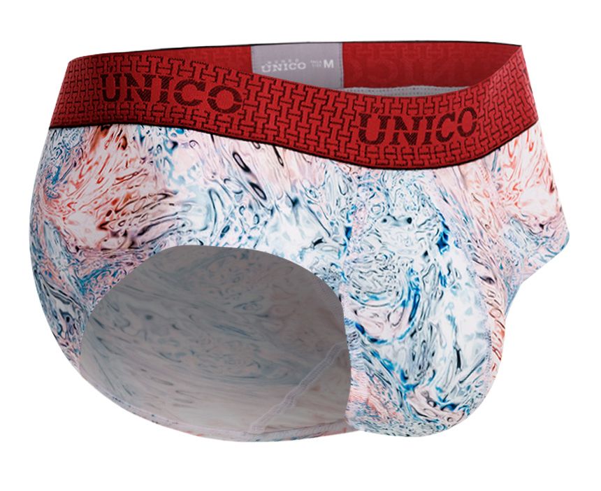 UNICO Rizo men's briefs in white – abstract print stretch underwear with red waistband