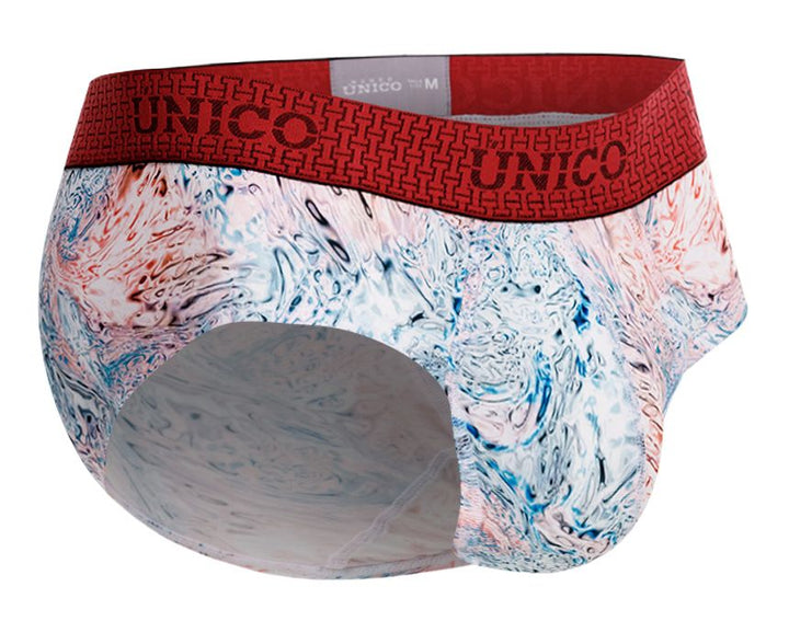 UNICO Rizo men's briefs in white – abstract print stretch underwear with red waistband